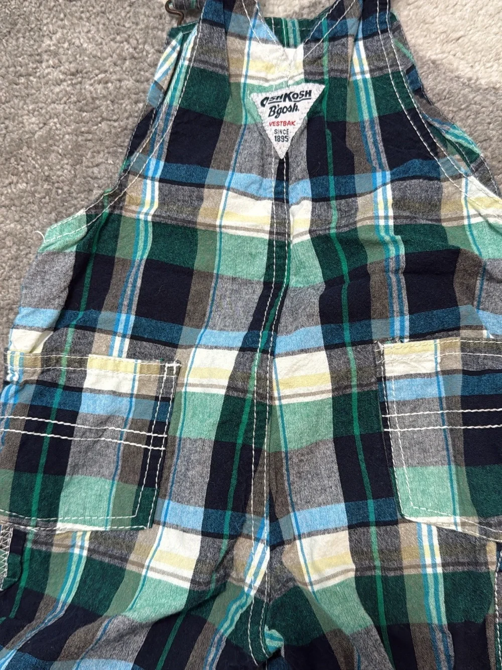 Vintage OshKosh Green & Blue Plaid ShortOveralls - Kids